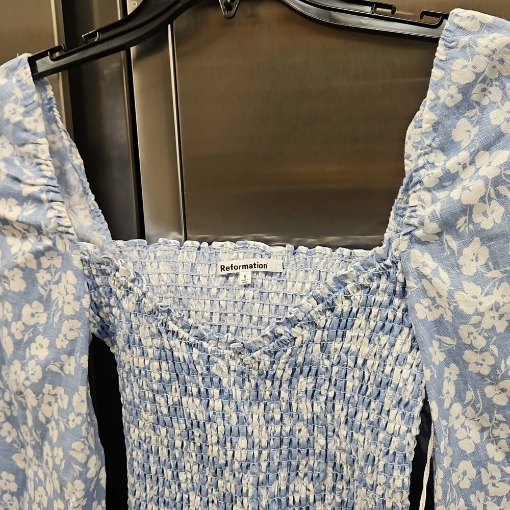 💕REFORMATION💕 Cambria Linen Top ~ Sofie Blue Floral Print Small S NWT - Picture 8 of 14